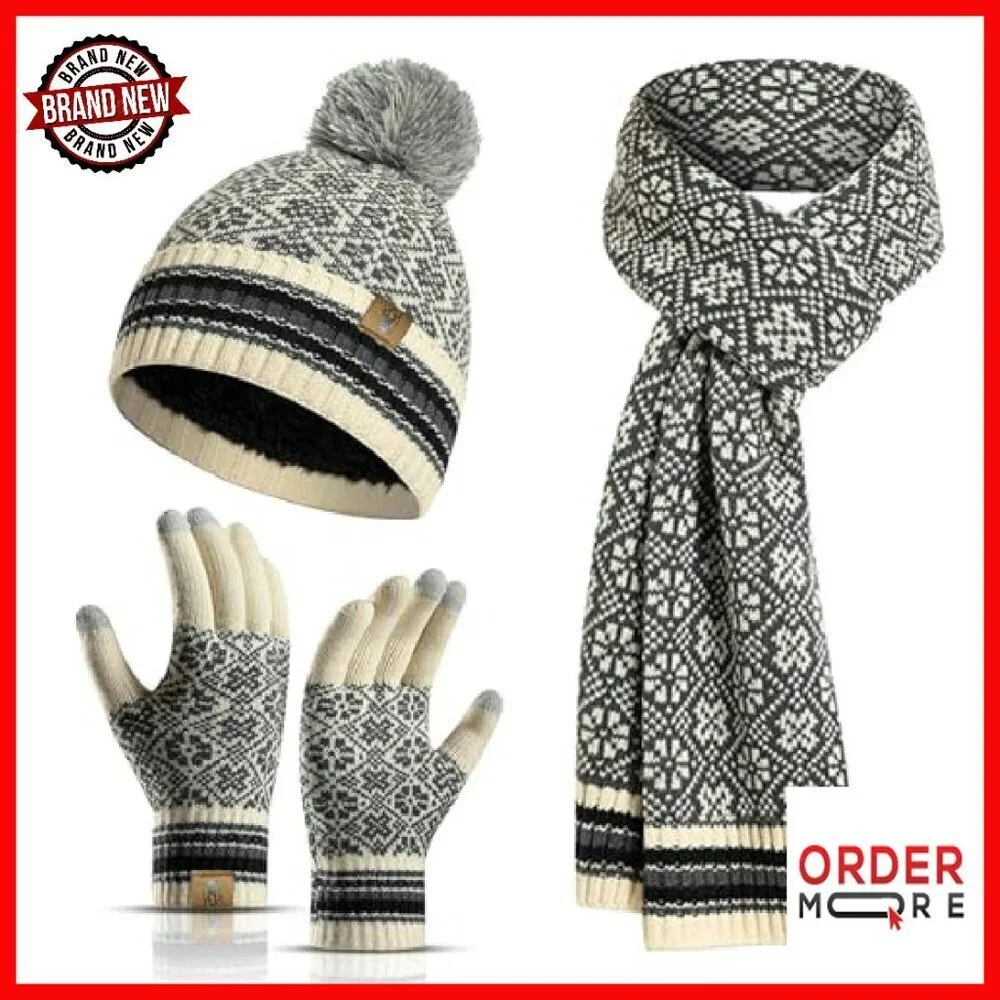 Fleece Lined Winter Beanie Scarf Gloves Set Touchscreen Thermal